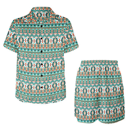 Indian Navajo Ethnic Themed Design Print Men's Beach Shirt and Shorts Set