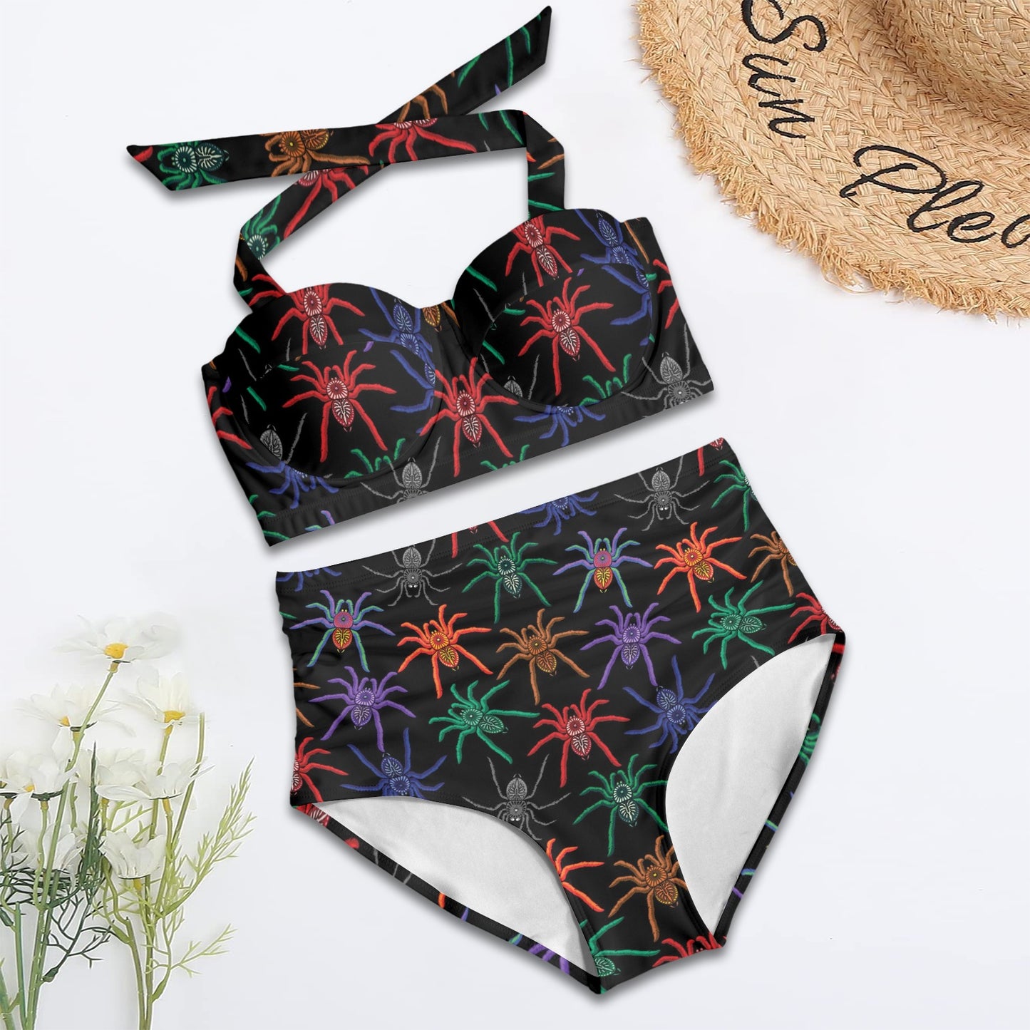 Tarantula Neon Color Pattern Print Design 03 Halter Neck Bikini Swimsuit