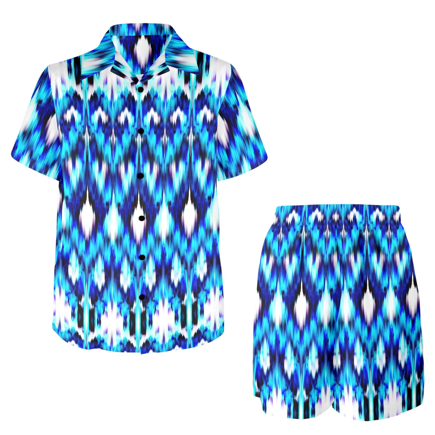 Ikat Blue Pattern Print Design 01 Men's Beach Shirt and Shorts Set