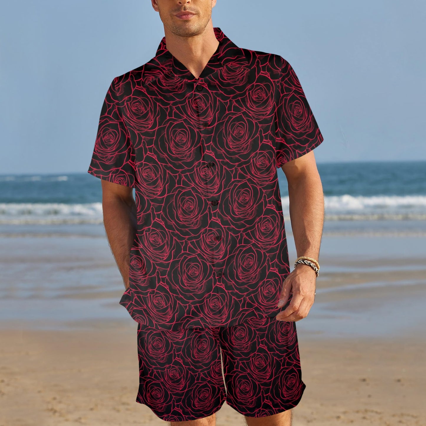 Red Rose Design Print Men's Beach Shirt and Shorts Set