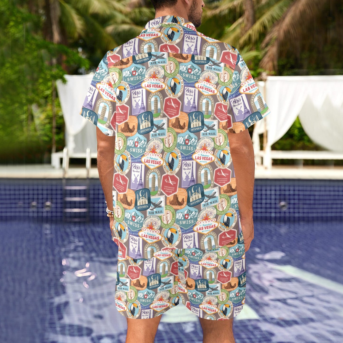 Travel Stamp Print Design LKS301 Men's Beach Shirt and Shorts Set
