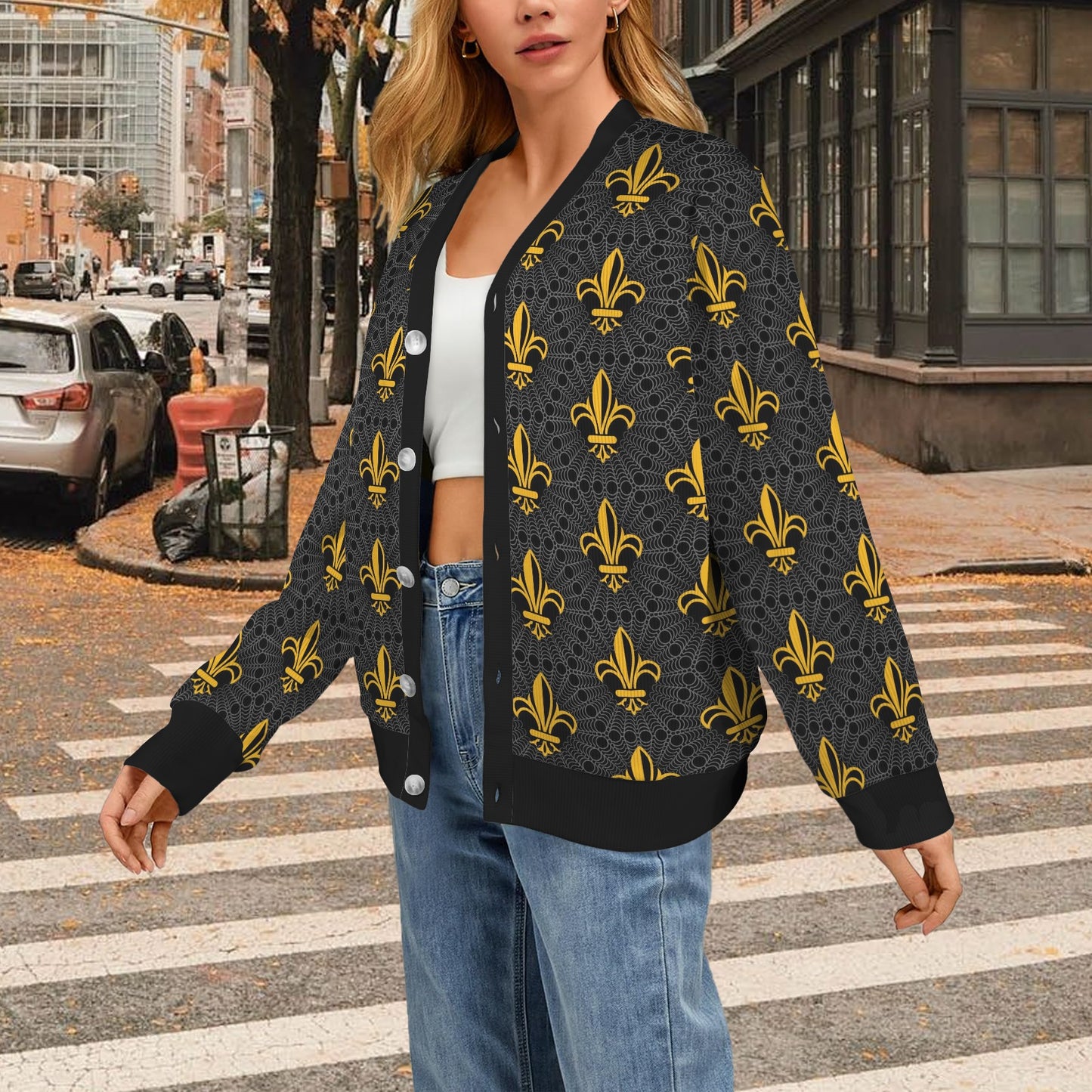 Fleur De Lis Gold Pattern Print Design 01 Women's Cardigan