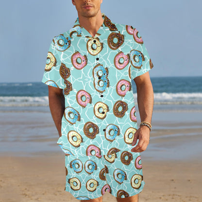 Emoji Donut Print Pattern Men's Beach Shirt and Shorts Set