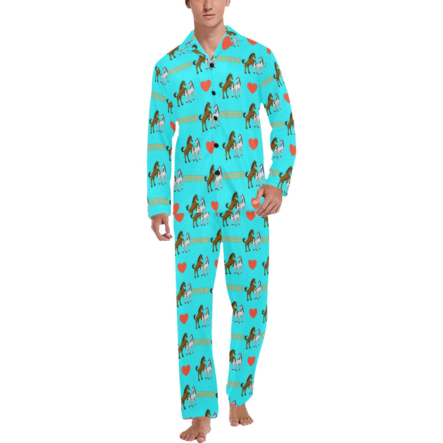 Horse Couple Love Print Design LKS309 Men's Long Pajama Set
