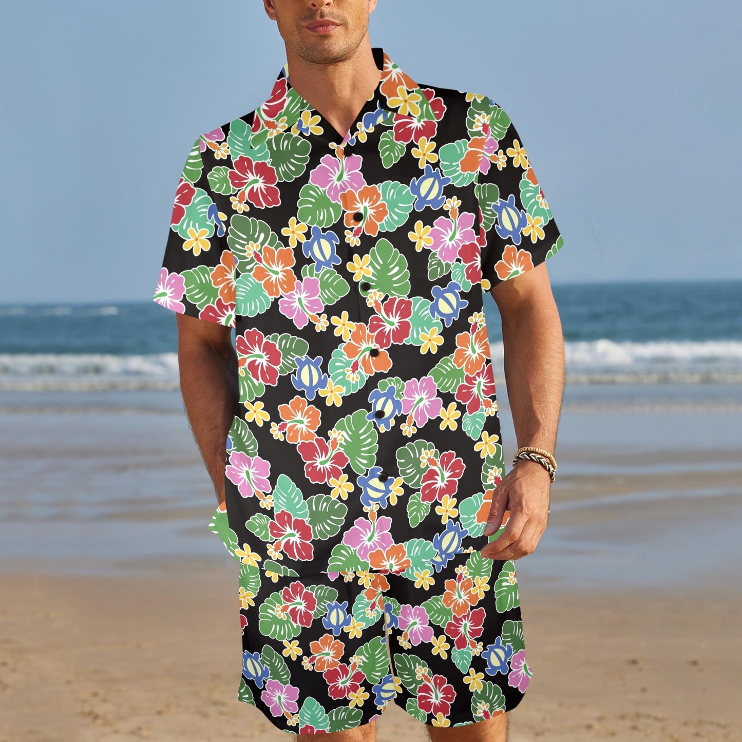 Hawaiian Themed Pattern Print Design H010 Men's Beach Shirt and Shorts Set