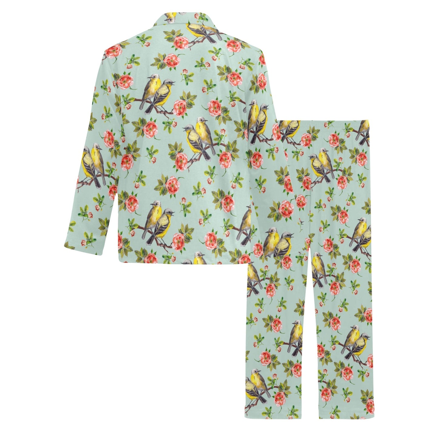 Bird with Red Flower Print Pattern Men's Long Pajama Set