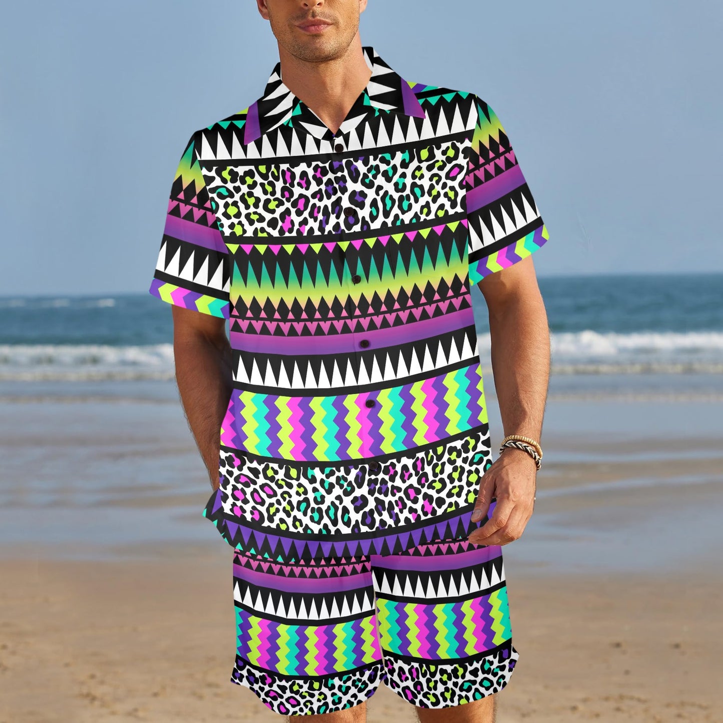 Animal Skin Aztec Rainbow Men's Beach Shirt and Shorts Set