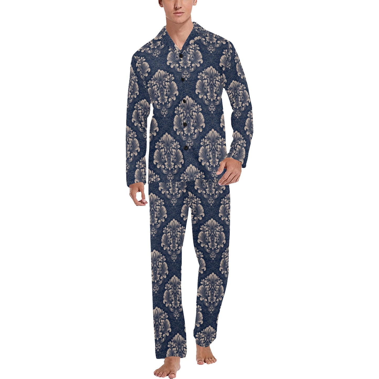Damask Blue Luxury Print Pattern Men's Long Pajama Set