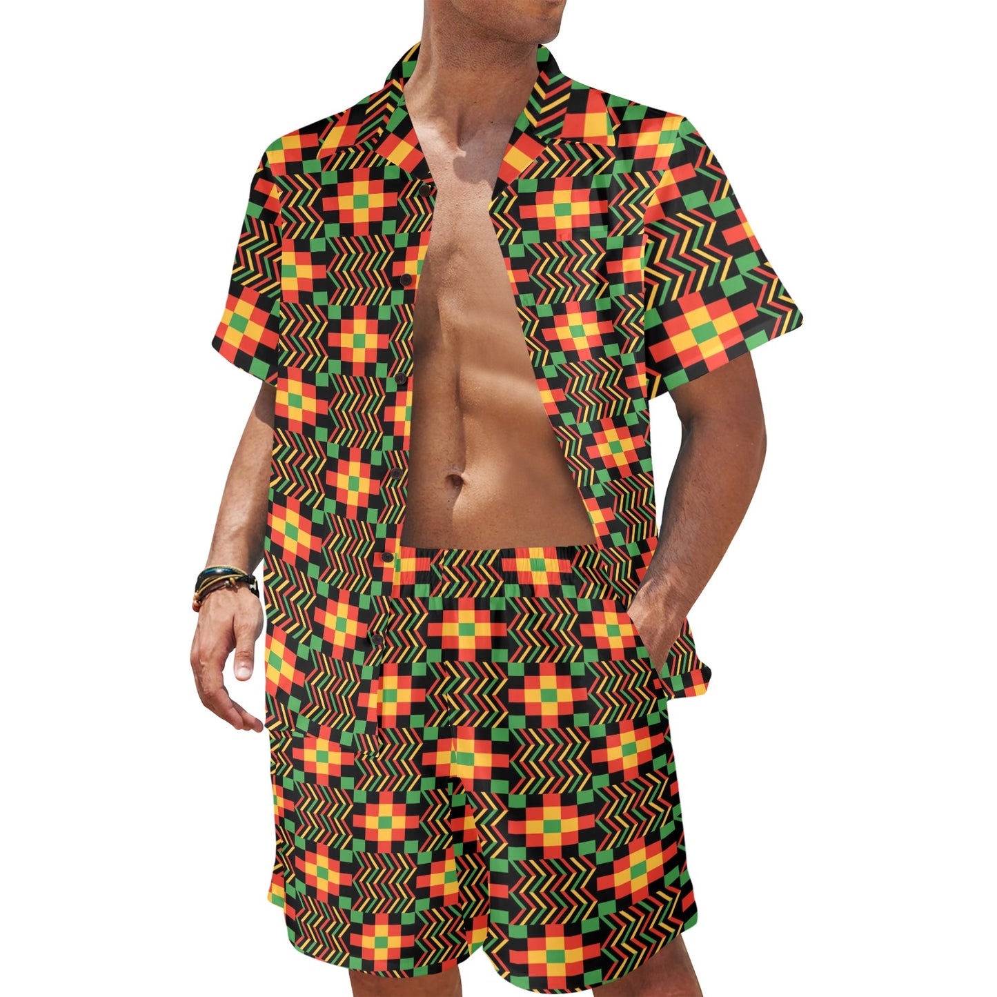 Kente Pattern Print Design 01 Men's Beach Shirt and Shorts Set