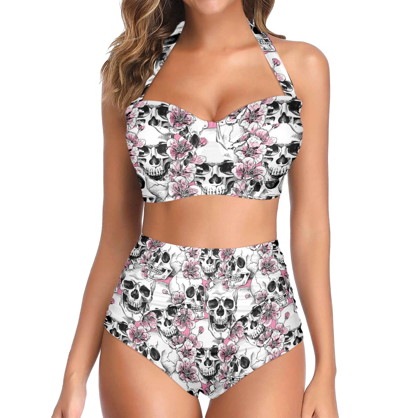 Cherry Blossom Pattern Print Design CB03 Halter Neck Bikini Swimsuit