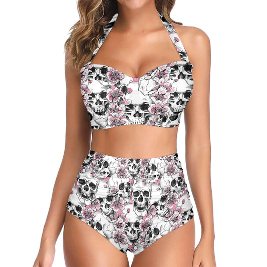 Cherry Blossom Pattern Print Design CB03 Halter Neck Bikini Swimsuit