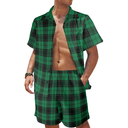 Tartan Green Print Design LKS302 Men's Beach Shirt and Shorts Set