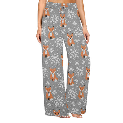 Knit Red Fox Pattern Print Design 02 Women's Wide Leg Lounge Pants