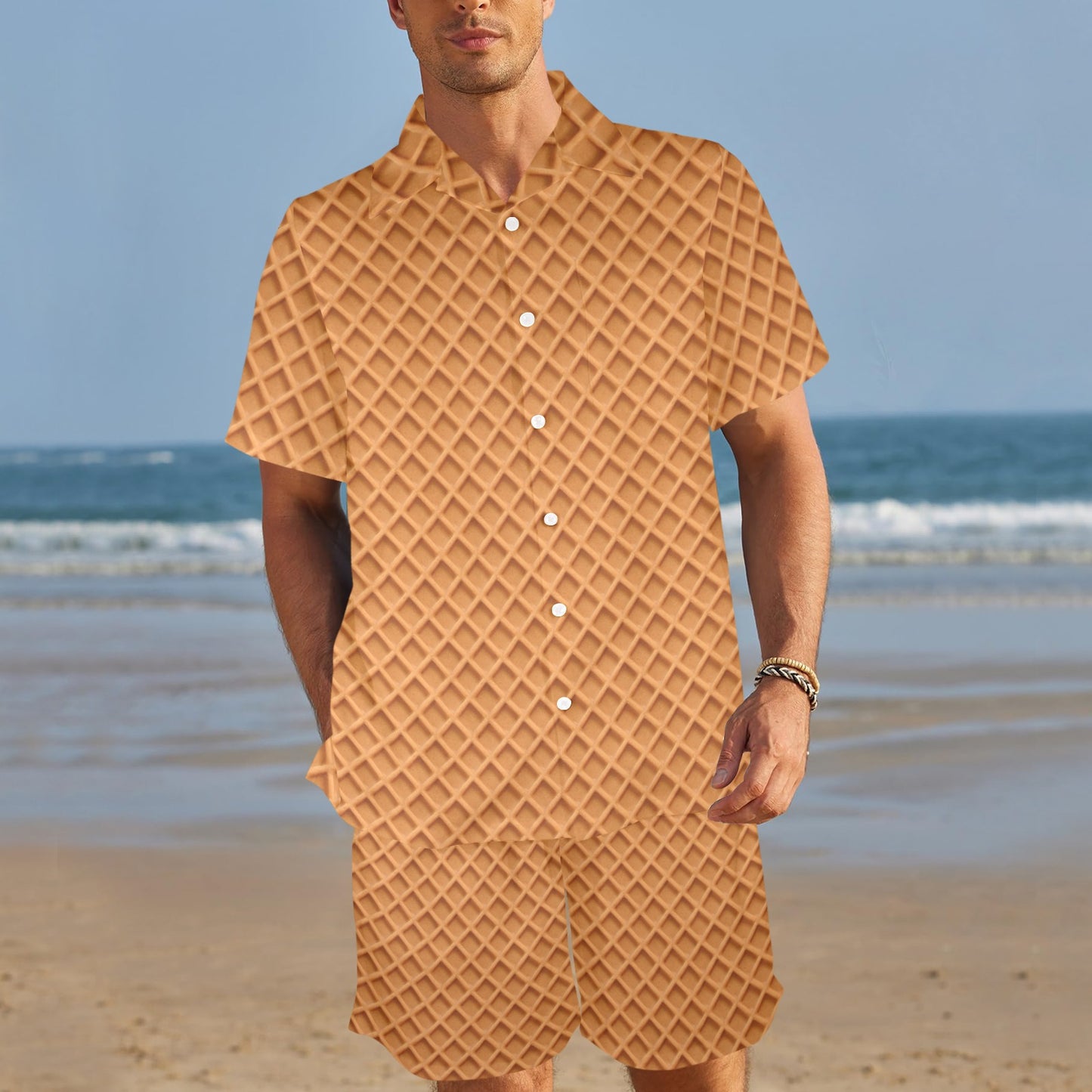 Waffle Texture Print Design LKS301 Men's Beach Shirt and Shorts Set