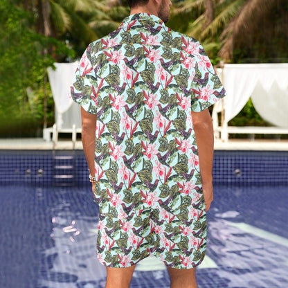 Hummingbird Cute Themed Print Men's Beach Shirt and Shorts Set