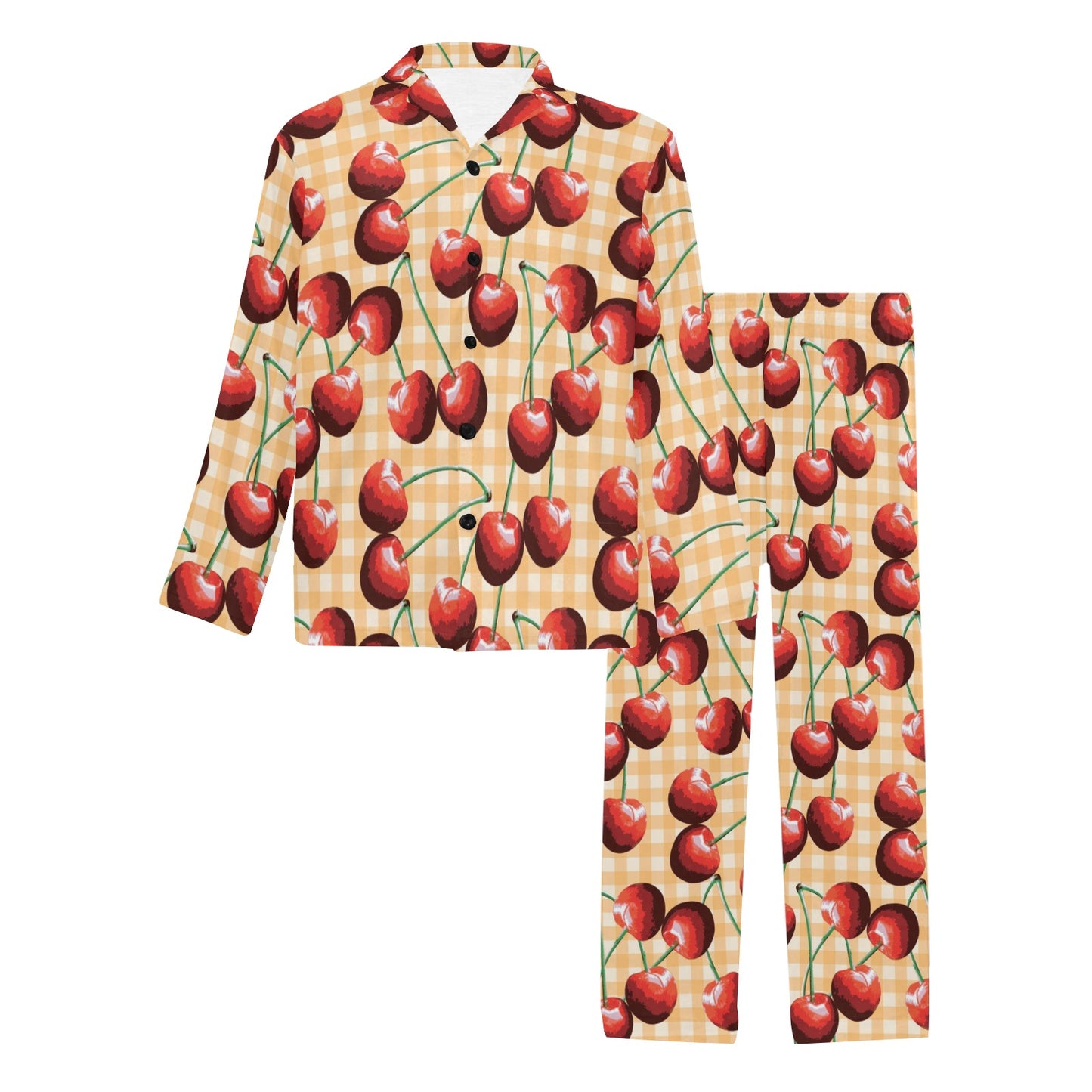 Cherry Orange Plaid Print Men's Long Pajama Set