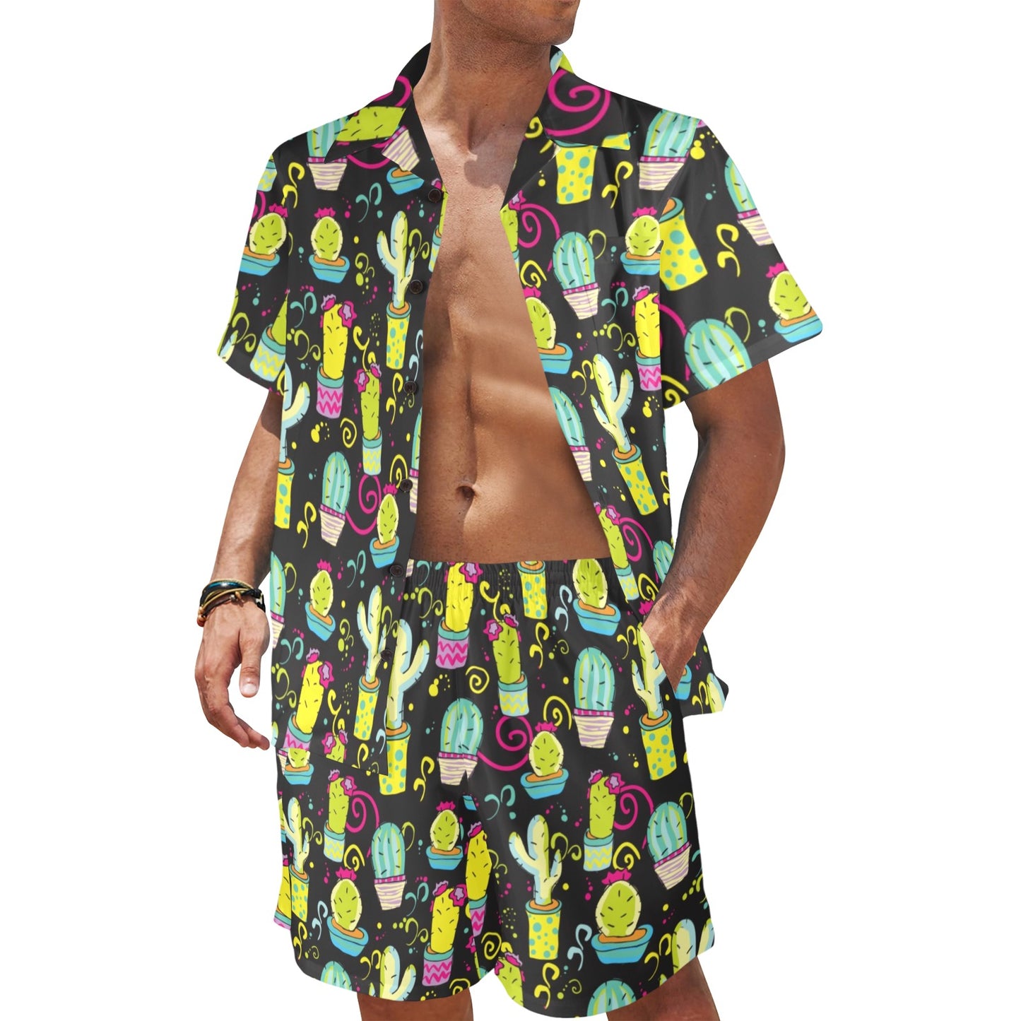 Cactus Neon Style Print Pattern Men's Beach Shirt and Shorts Set
