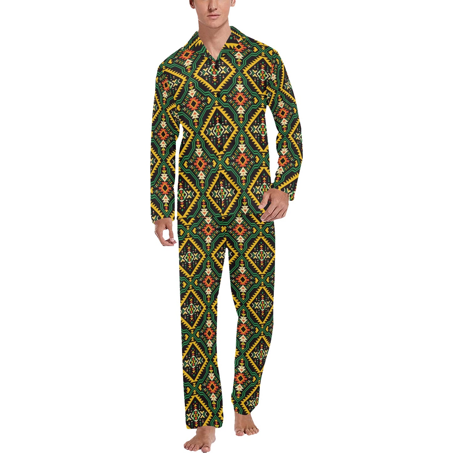 Kente Green Design African Print Men's Long Pajama Set