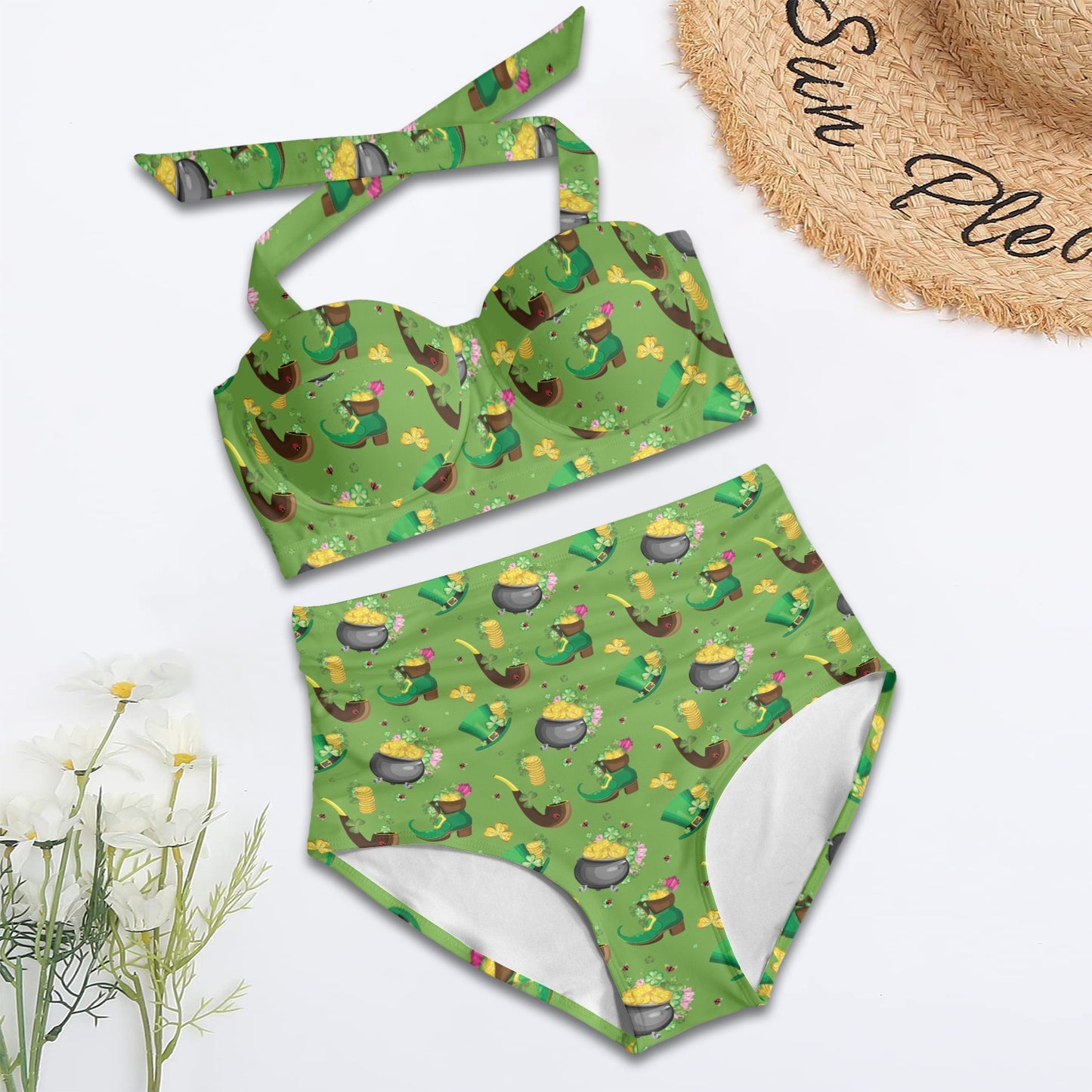 Shamrock Saint Patrick's Day Print Design LKS306 Halter Neck Bikini Swimsuit