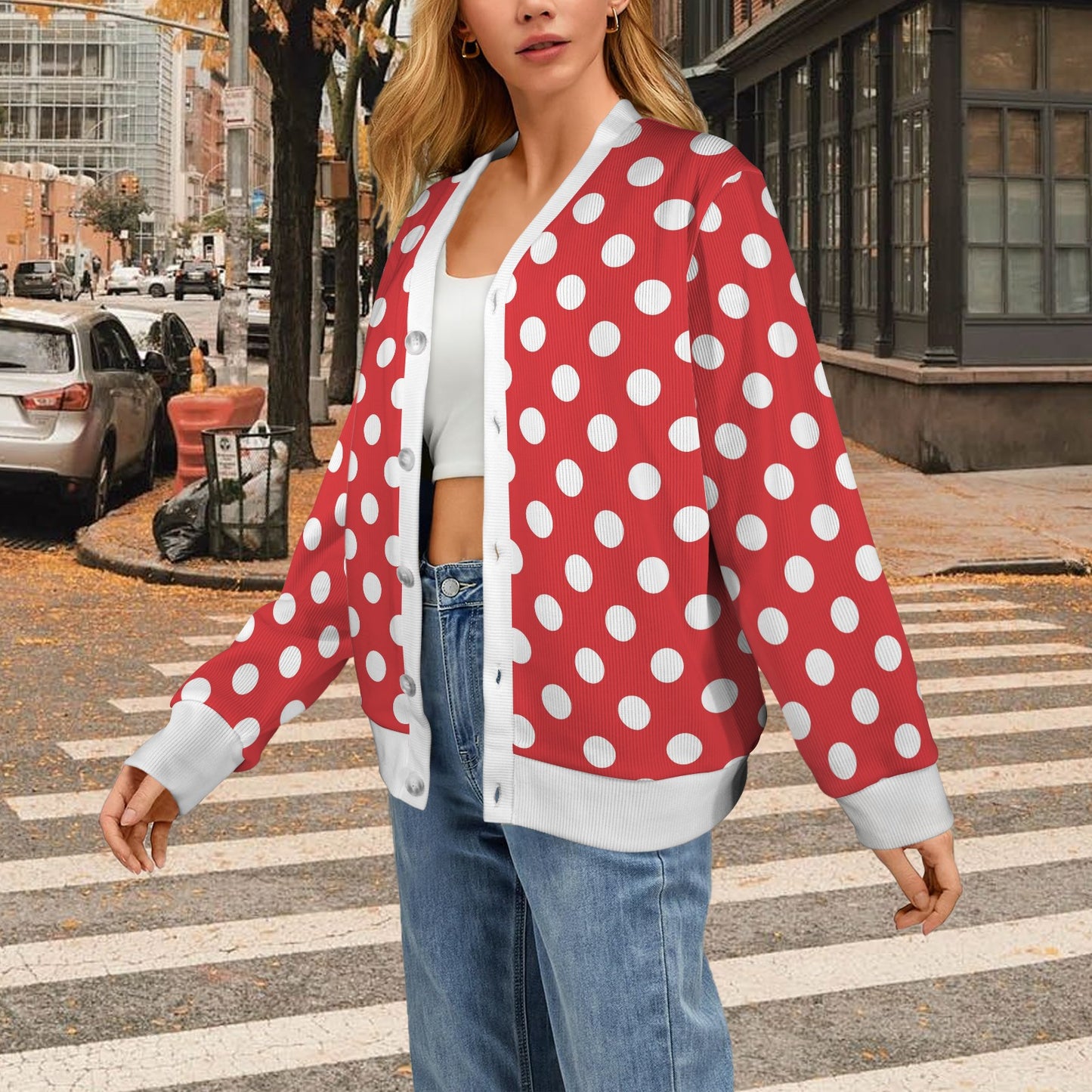 Polka Dot Red Pattern Print Design 04 Women's Cardigan