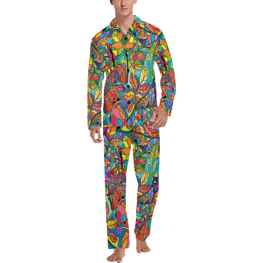 Psychedelic Trippy Flower Print Men's Long Pajama Set