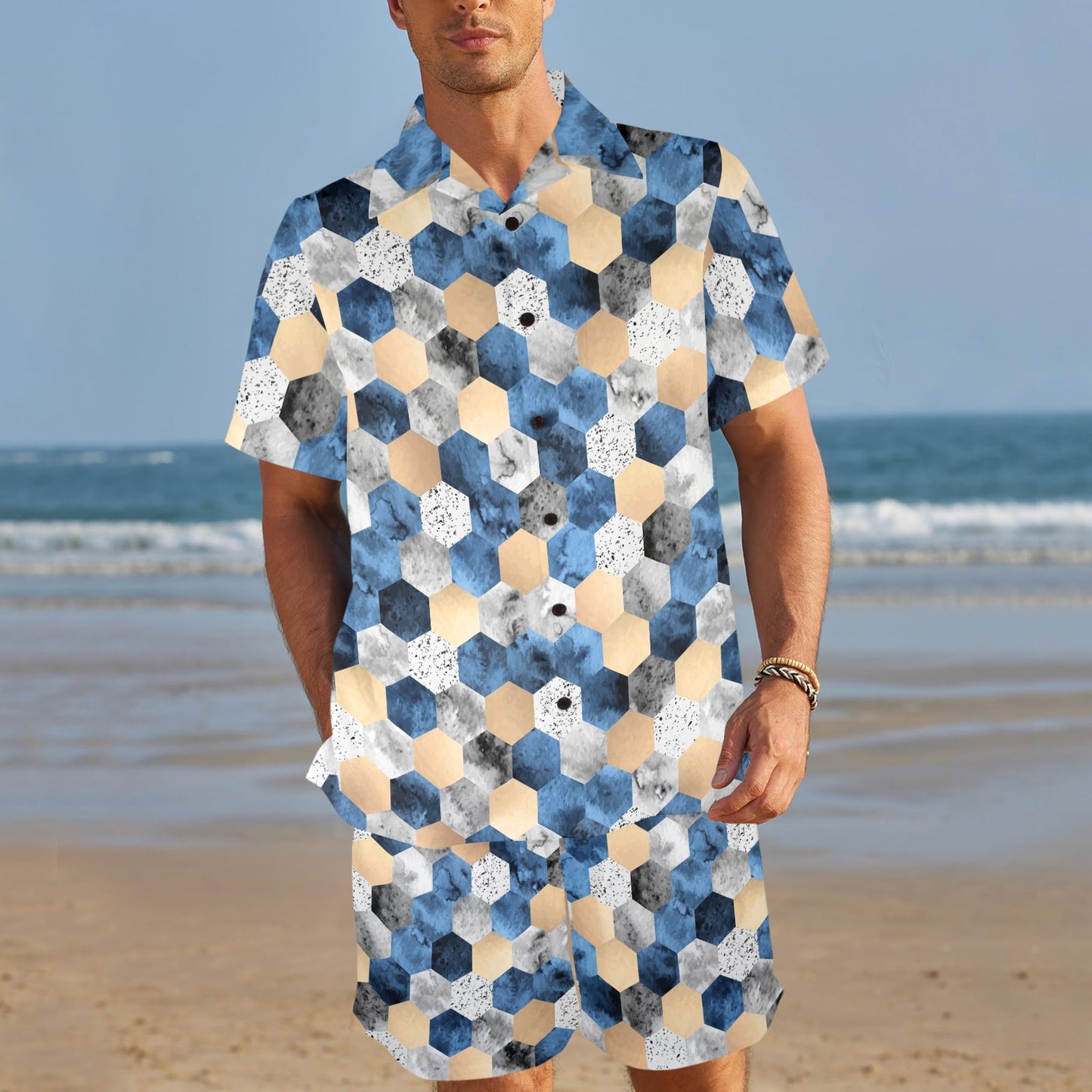 Hexagonal Design Print Pattern JJ0345 Men's Beach Shirt and Shorts Set