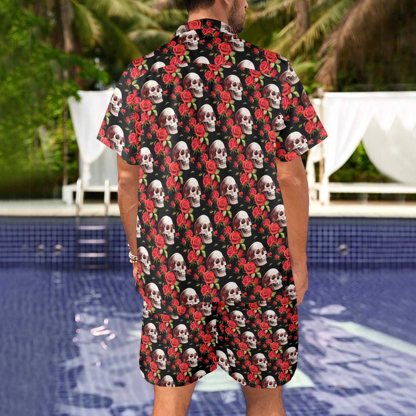Red Rose Skull Design Print Men's Beach Shirt and Shorts Set