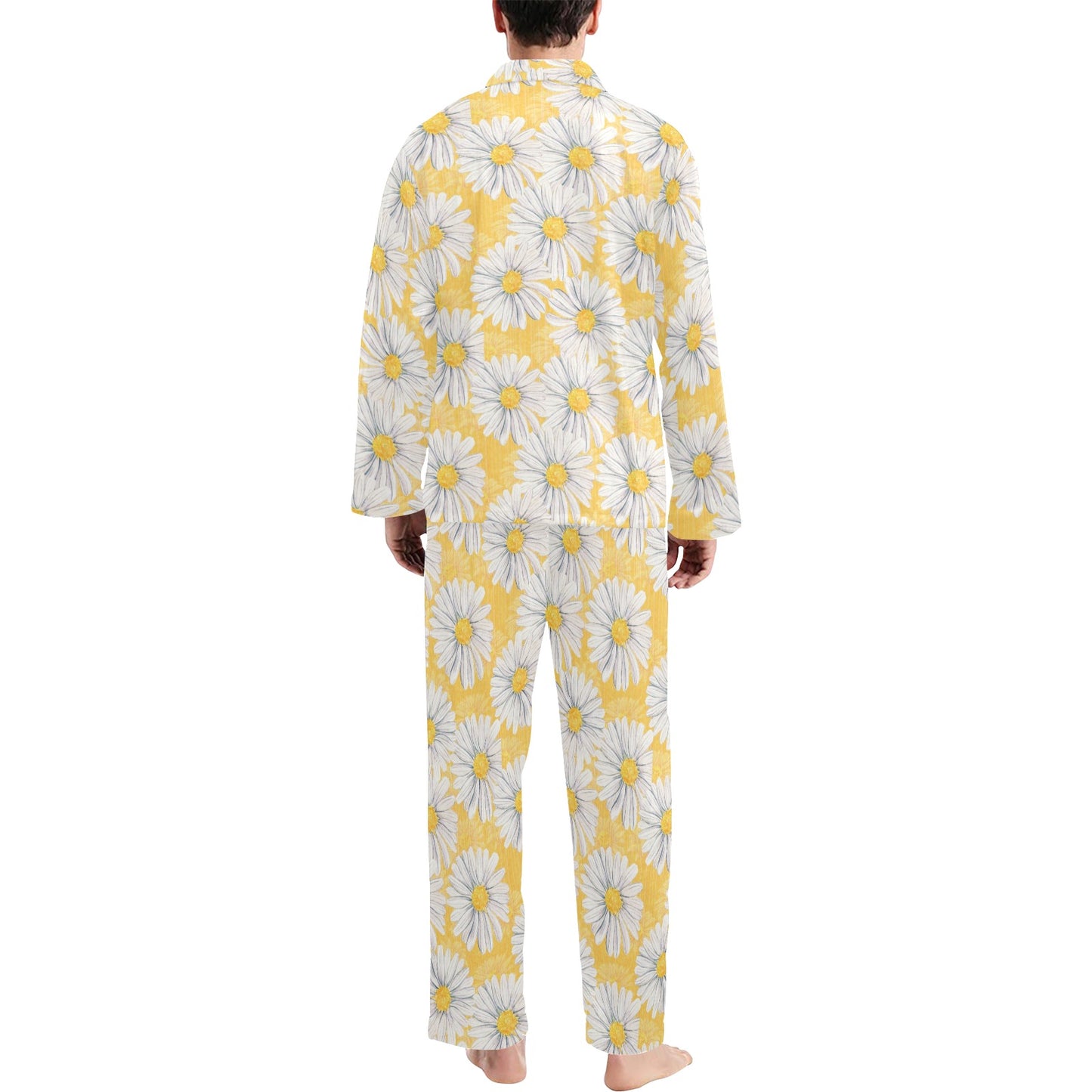 Daisy Yellow Watercolor Print Pattern Men's Long Pajama Set