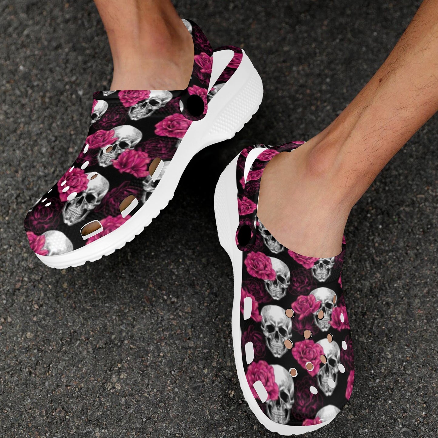 Pink Rose Skull Themed Print Unisex Clogs Shoes
