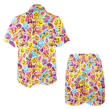 Emoji Sticker Print Pattern Men's Beach Shirt and Shorts Set