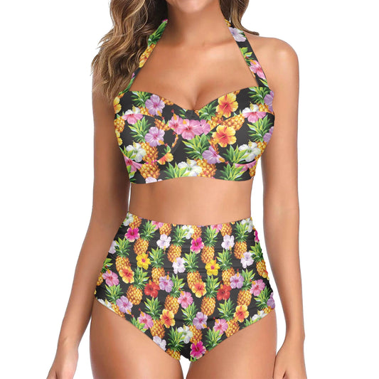 Pineapple Hibiscus Halter Neck Bikini Swimsuit