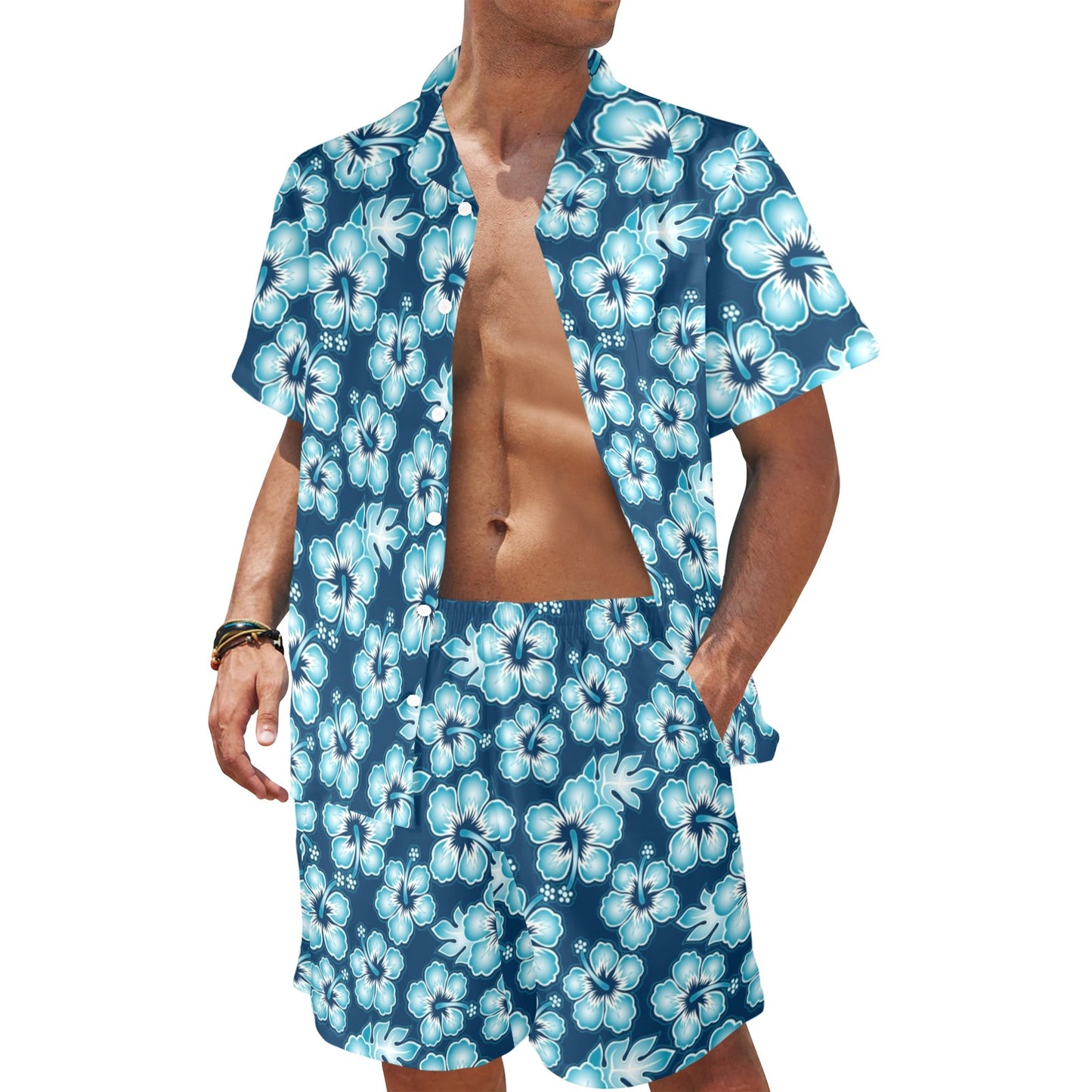 Hibiscus Flower Hawaiian Themed Men's Beach Shirt and Shorts Set