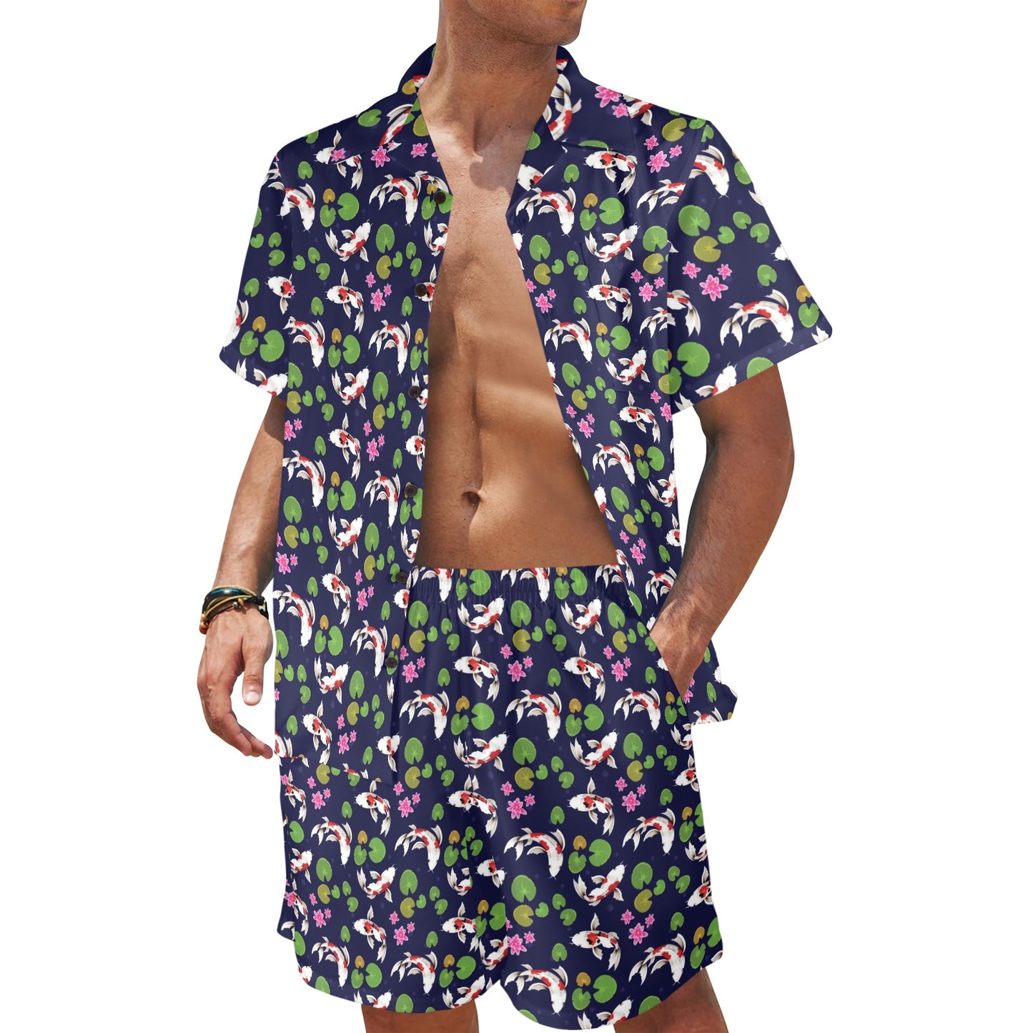 Koi Carp Pattern Design Themed Print Men's Beach Shirt and Shorts Set