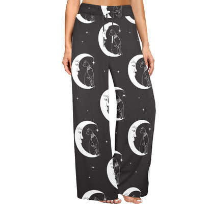 Moon with Cat Pattern Print Design 04 Women's Wide Leg Lounge Pants