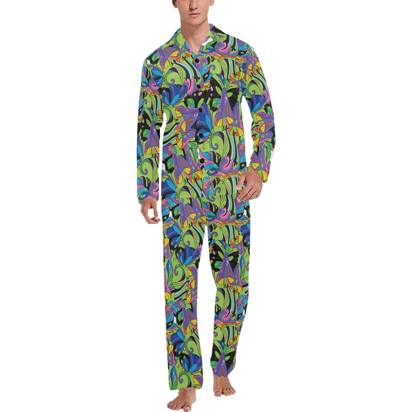 Psychedelic Trippy Mushroom Themed Men's Long Pajama Set