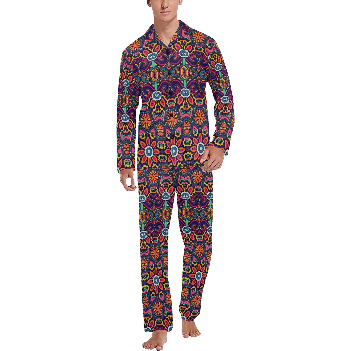Ethnic Flower Style Print Pattern Men's Long Pajama Set
