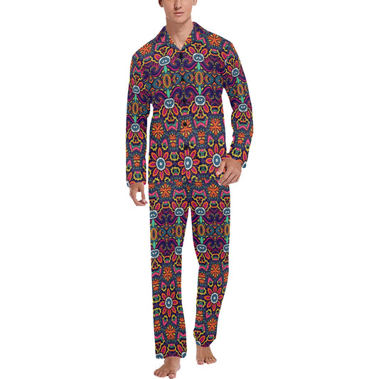 Ethnic Flower Style Print Pattern Men's Long Pajama Set