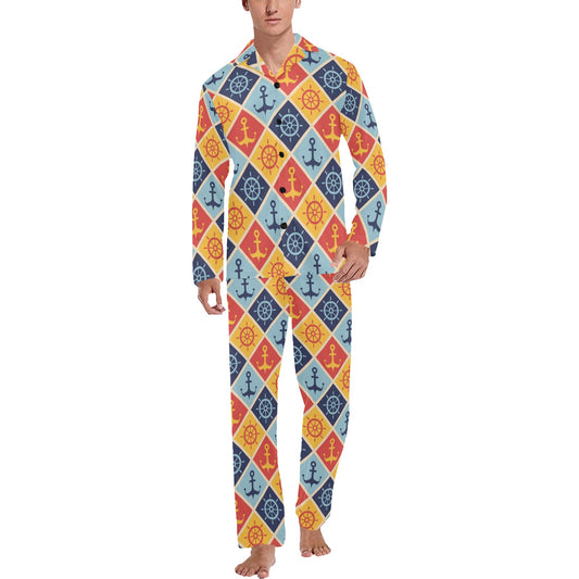 Nautical Pattern Design Themed Print Men's Long Pajama Set