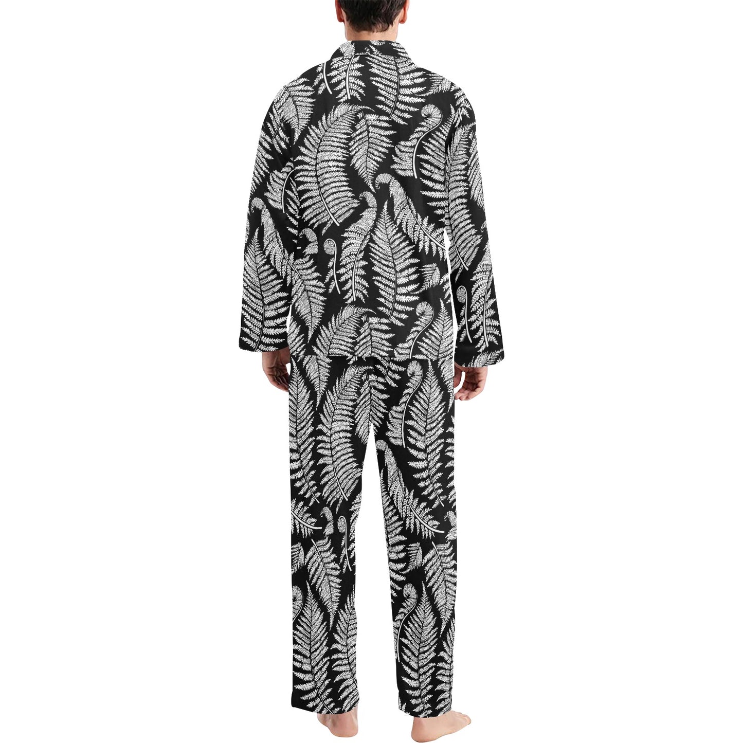 Fern Leave Black White Print Pattern Men's Long Pajama Set