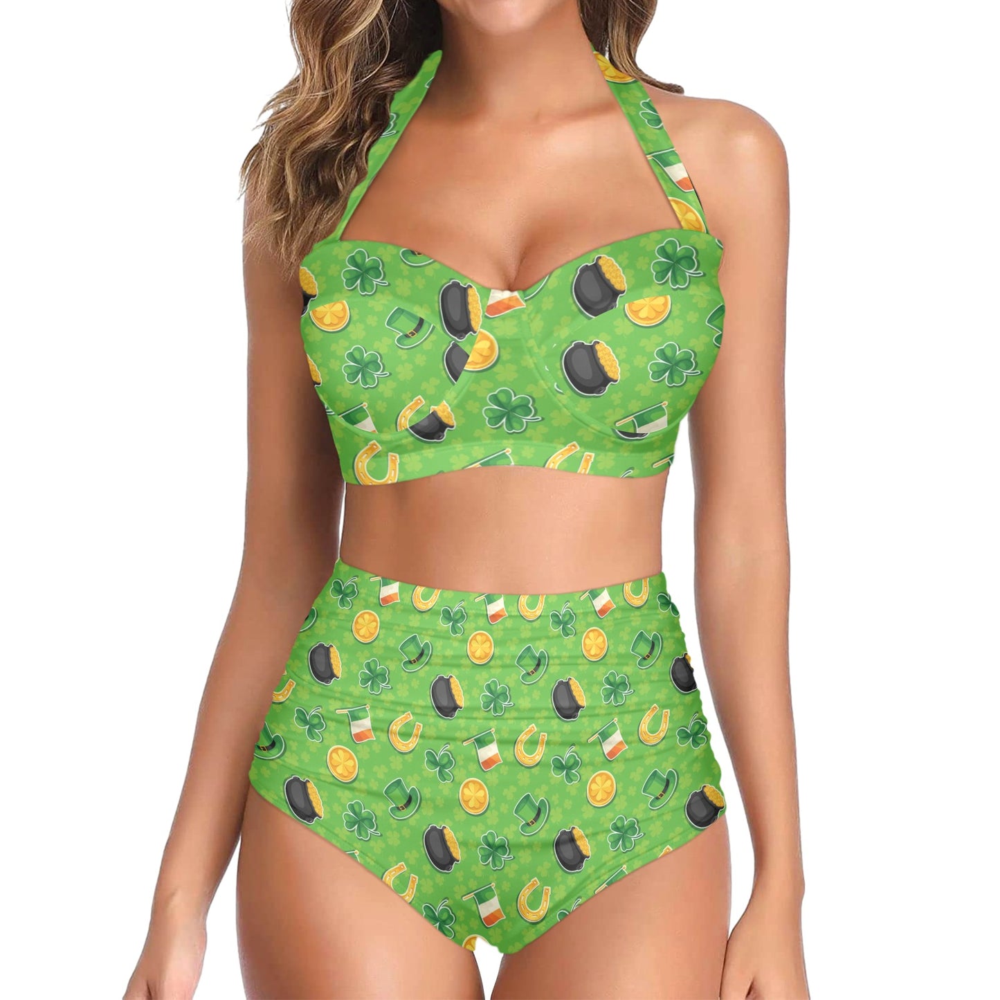 Shamrock Saint Patrick's Day Print Design LKS302 Halter Neck Bikini Swimsuit