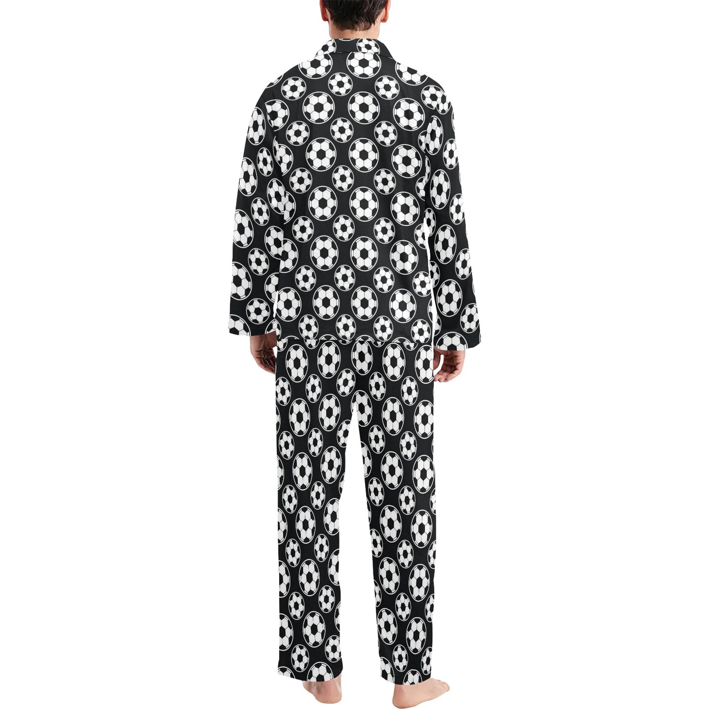 Soccer Ball Black Print Pattern Men's Long Pajama Set