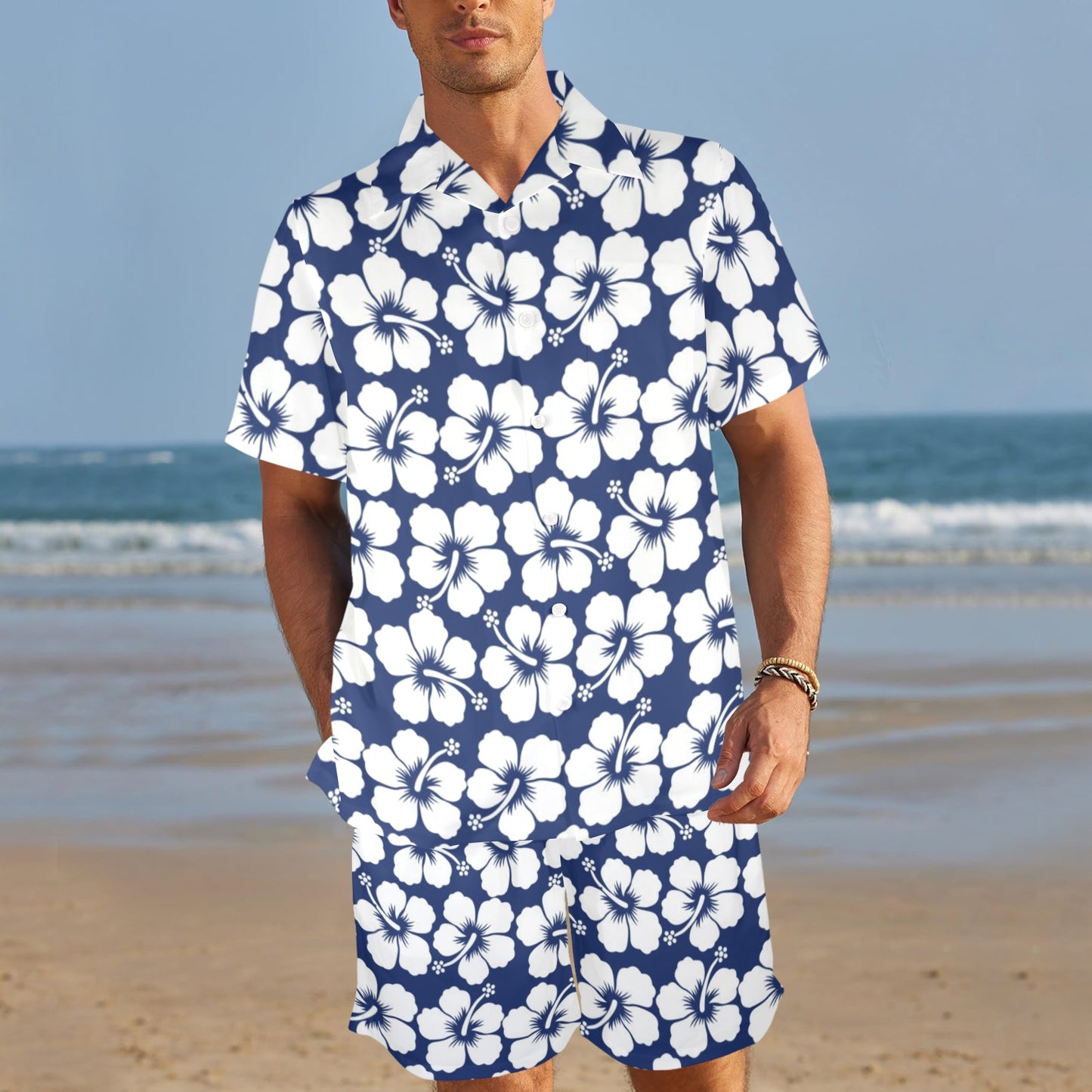 Hibiscus Blue Hawaiian Flower Pattern Men's Beach Shirt and Shorts Set