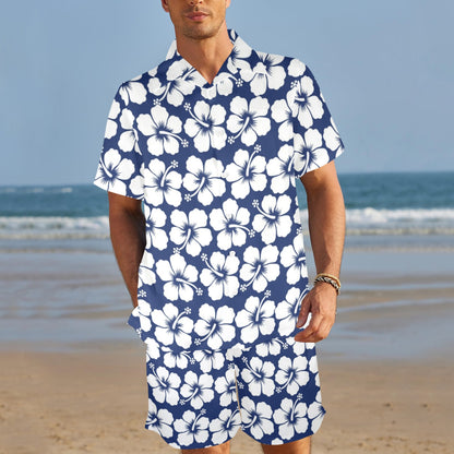 Hibiscus Blue Hawaiian Flower Pattern Men's Beach Shirt and Shorts Set