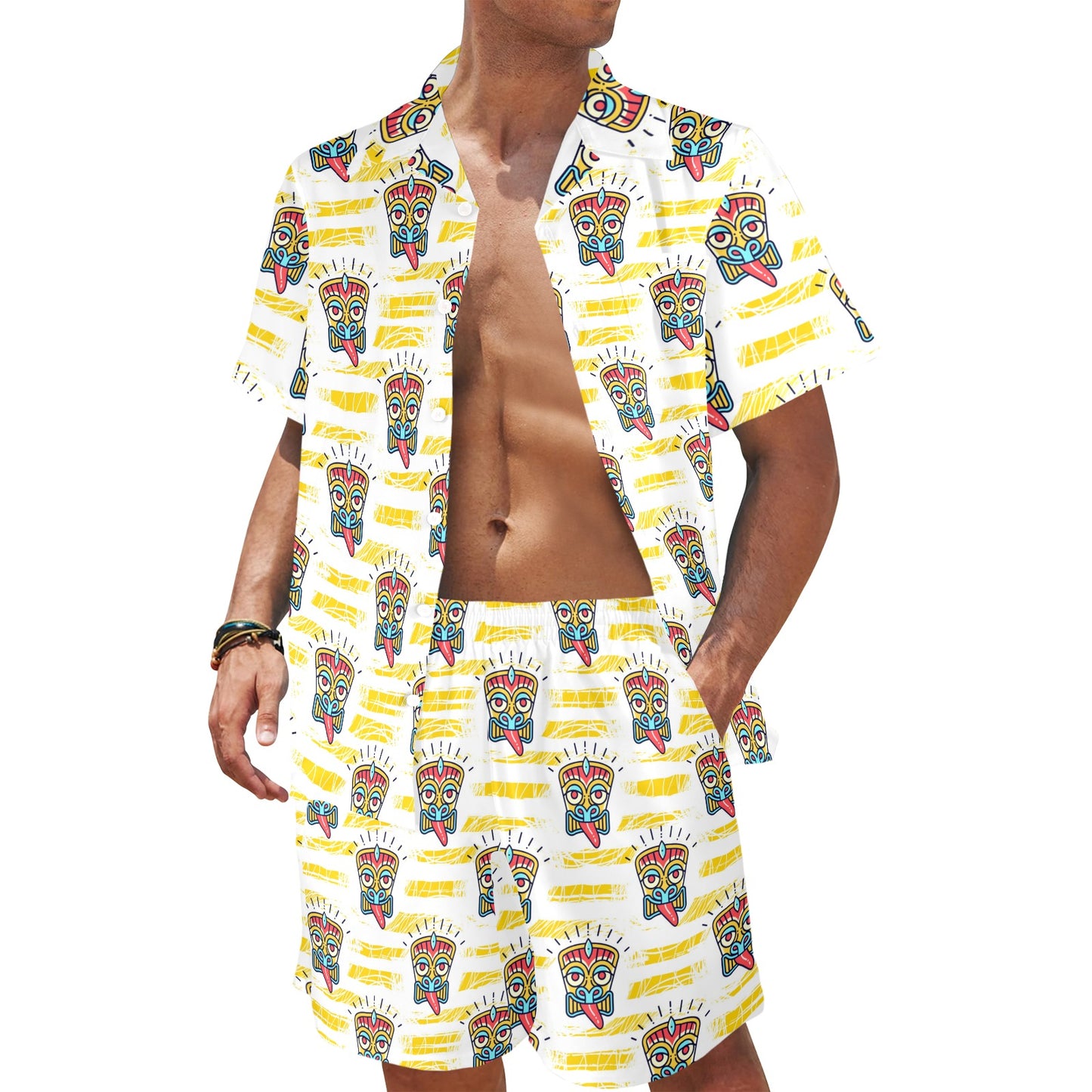 Tiki Smile Mask Print Pattern Men's Beach Shirt and Shorts Set