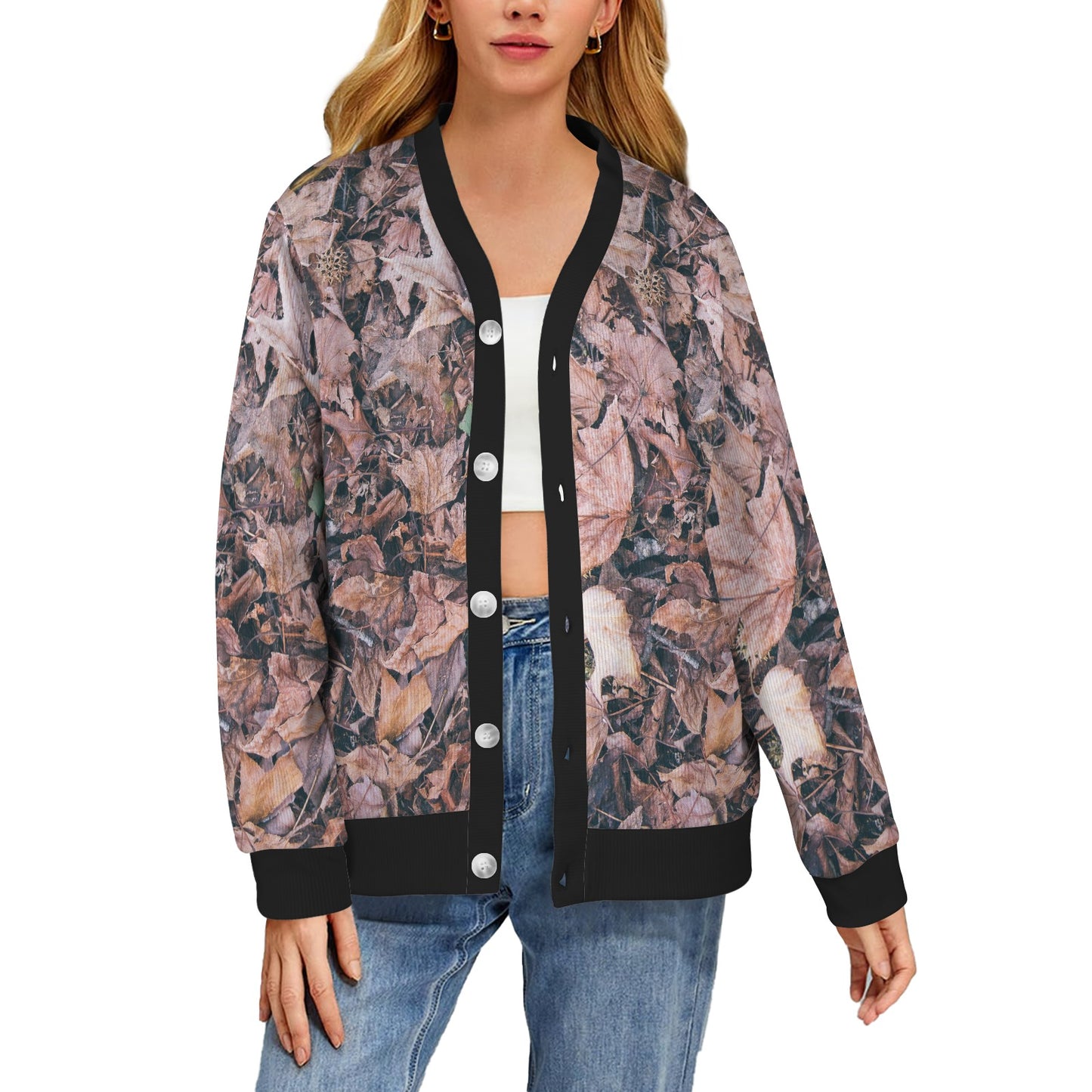 Camouflage Realistic Tree Leaf Print Women's Cardigan
