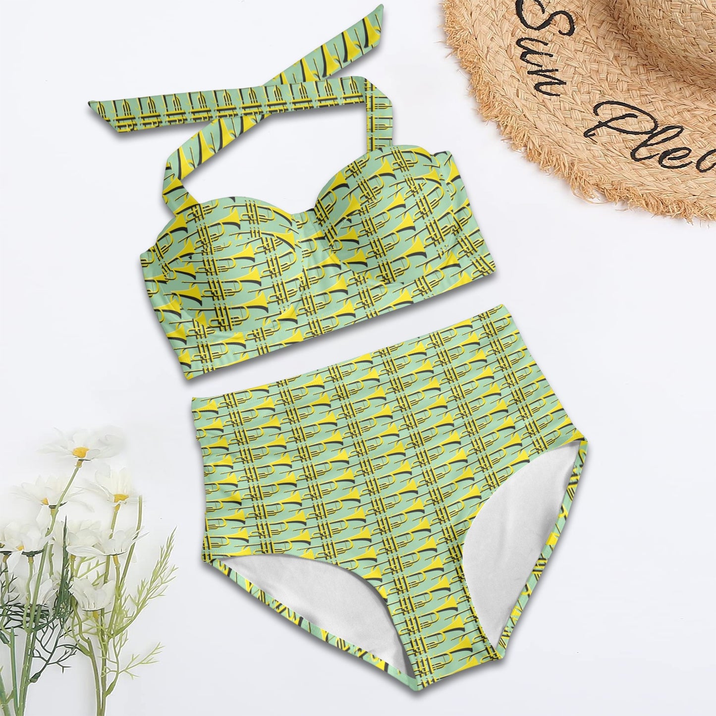 Trumpet Vintage Design Print Halter Neck Bikini Swimsuit