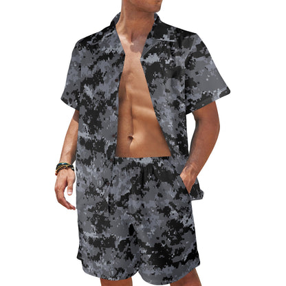 ACU Digital Black Camouflage Men's Beach Shirt and Shorts Set