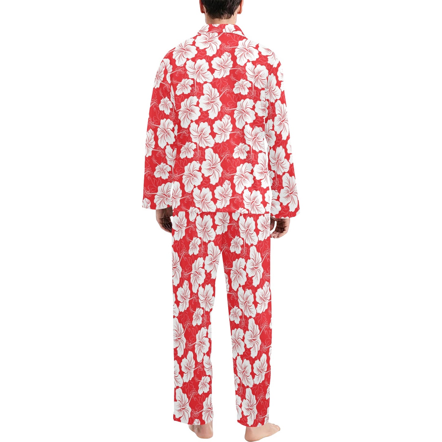 Flower Hawaiian Hibiscus Red Background Print Men's Long Pajama Set