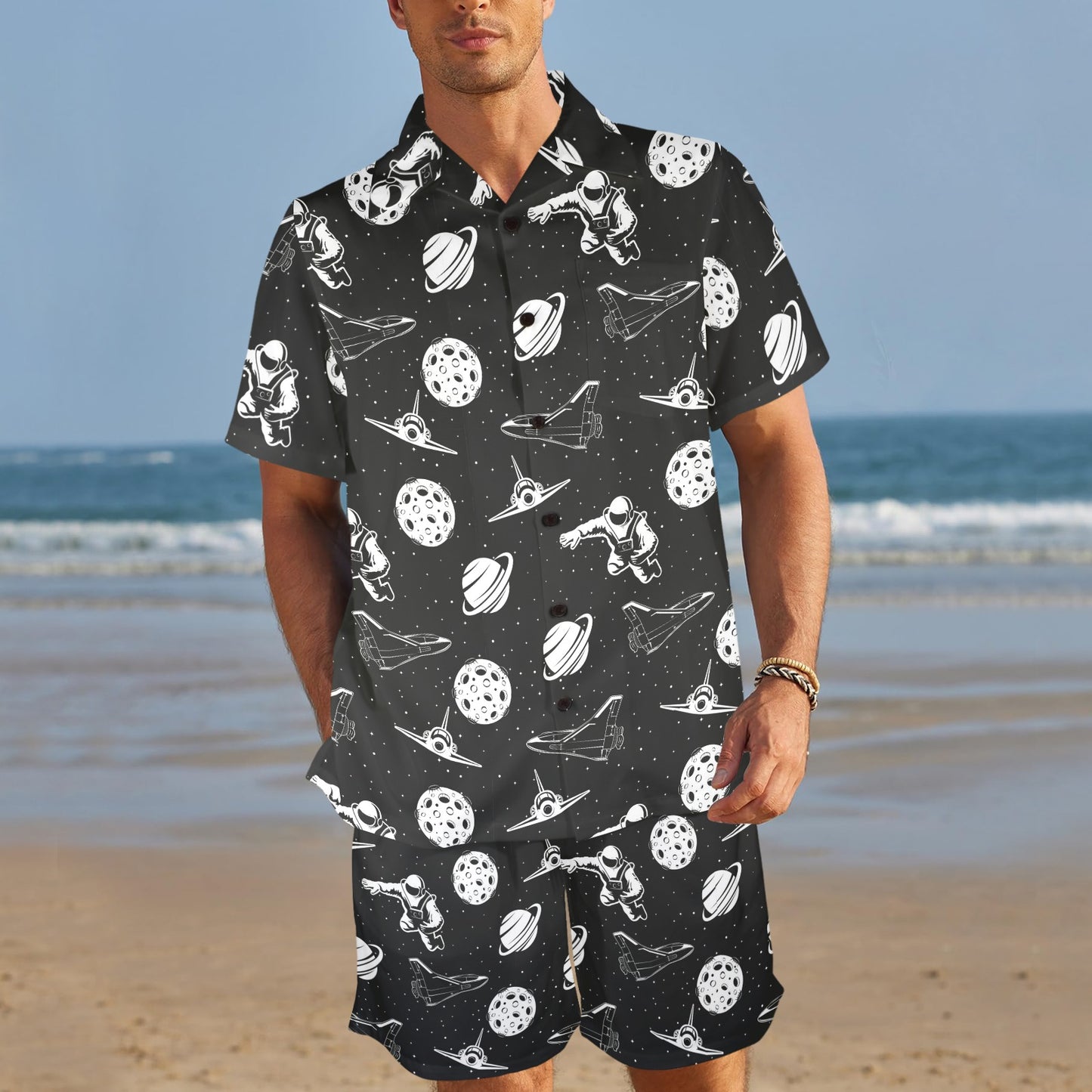 Space Astronauts Print Men's Beach Shirt and Shorts Set