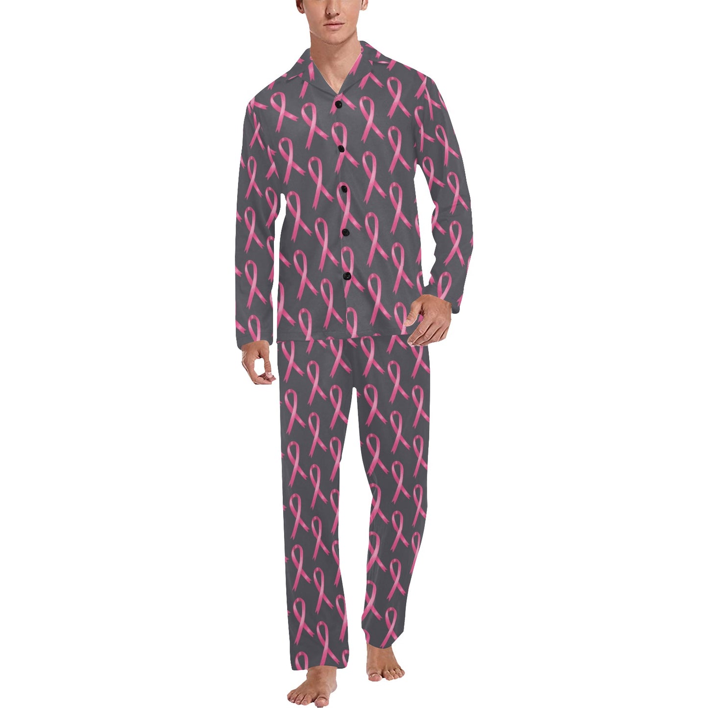 Breast Cancer Awareness Pattern Men's Long Pajama Set